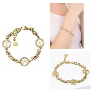 NWT Michael Kors FULTON 12K Gold Plated Glass Crystals MK Logo Chain Bracelet